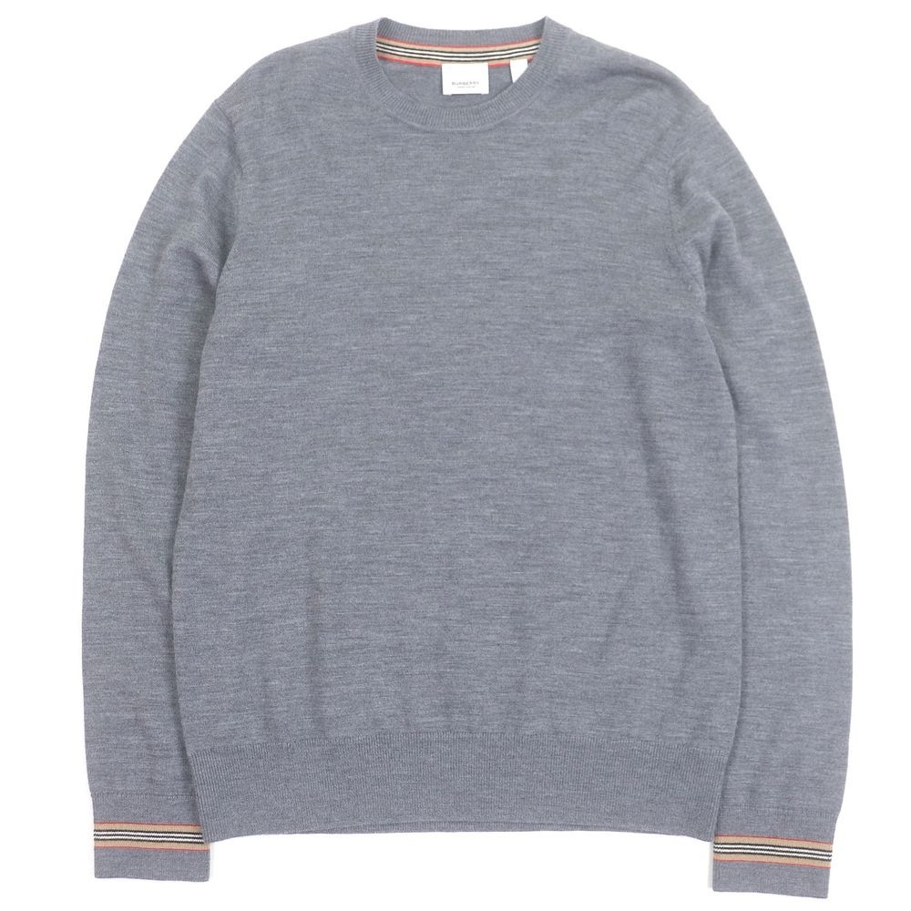Burberry Light Gray Crewneck Sweater with Striped Trim